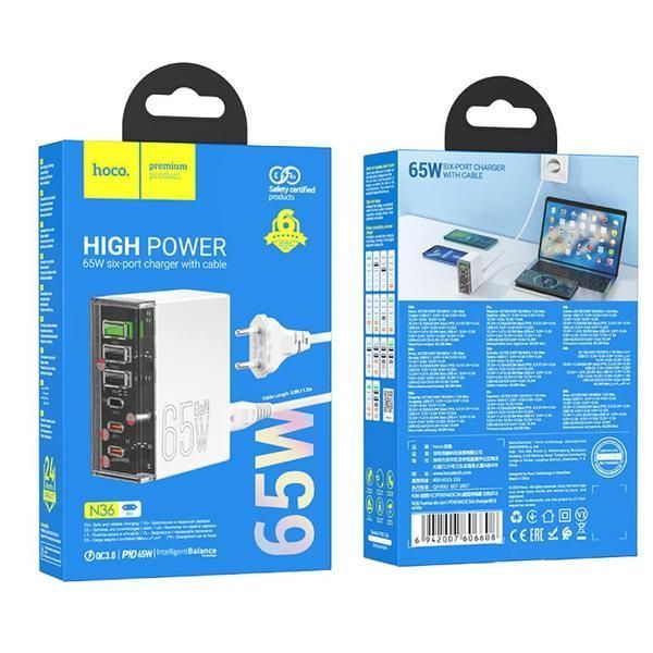 МЗП 3*Type-C + 3*USB 65 Watt HOCO N36 Fuerza six-port |65W/3A, PD/QC| White 6942007606608 фото