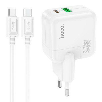 МЗП 1*Type-C + 1*USB 30 Watt Hoco C111A Lucky + cable Type-C to Type-C White (HC111ACCW) 6931474790880 фото