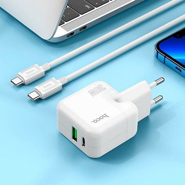 МЗП 1*Type-C + 1*USB 30 Watt Hoco C111A Lucky + cable Type-C to Type-C White (HC111ACCW) 6931474790880 фото