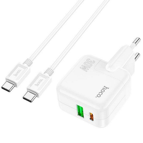 МЗП 1*Type-C + 1*USB 30 Watt Hoco C111A Lucky + cable Type-C to Type-C White (HC111ACCW) 6931474790880 фото