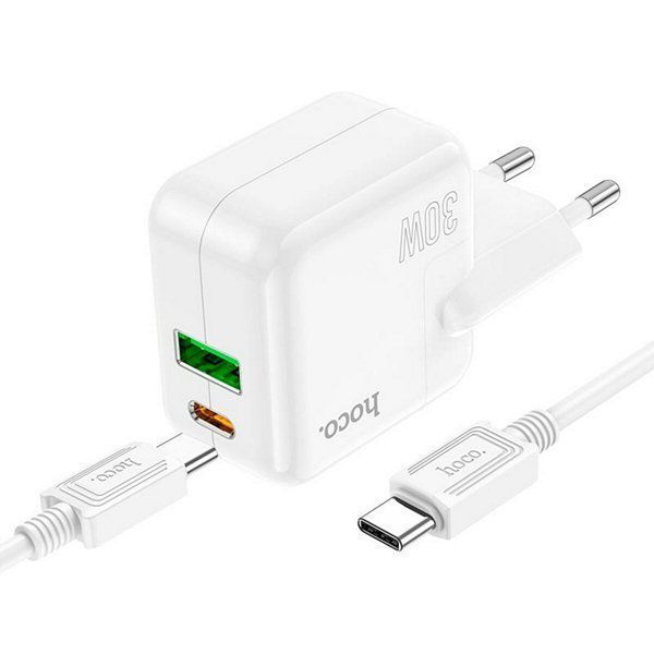 МЗП 1*Type-C + 1*USB 30 Watt Hoco C111A Lucky + cable Type-C to Type-C White (HC111ACCW) 6931474790880 фото