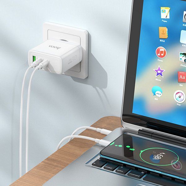 МЗП 2*Type-C + 1*USB 65 Watt HOCO N30 Glory PD65W White (HN30W) 6931474784155 фото