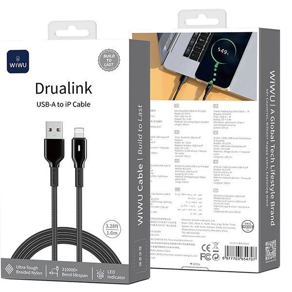 кабель USB&rarr;iP WIWU Wi-C074 Duralink Series Nylon Braided Cable 12W 2,4A Black 6977703654707 фото