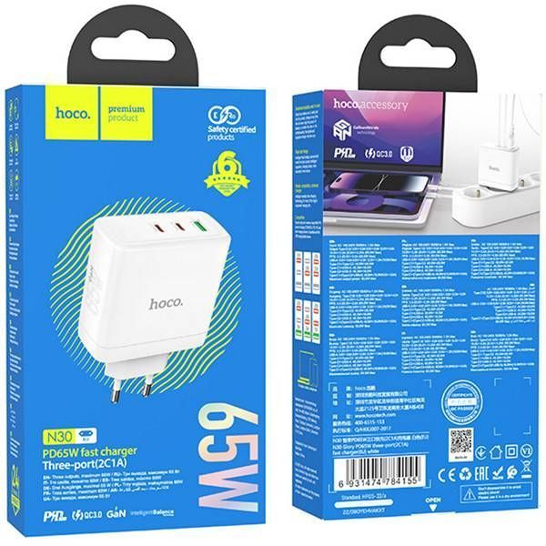 МЗП 2*Type-C + 1*USB 65 Watt HOCO N30 Glory PD65W White (HN30W) 6931474784155 фото