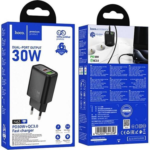 МЗП 1*Type-C + 1*USB 30 Watt HOCO N63 Gentle PD30W+QC3.0 charger (EU) Black 6942007644358 фото