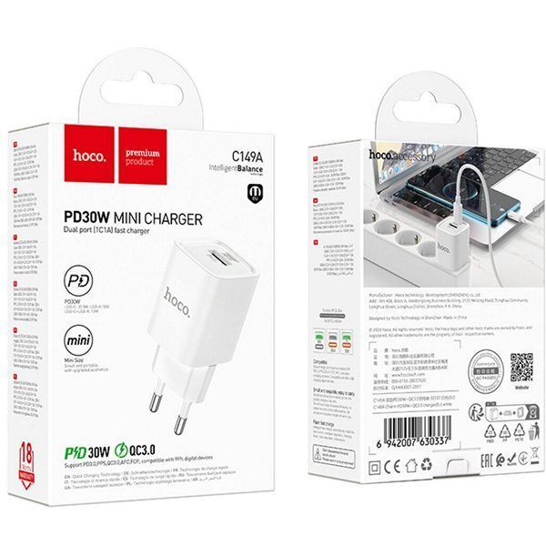 МЗП 1*Type-C + 1*USB 30 Watt HOCO C149A Charm PD30W+QC3.0 charger (EU) White 6942007630337 фото