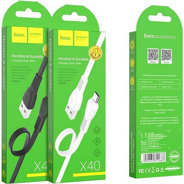 Кабель usb AM-microUSB Hoco X40 Flat Noah 1 метр 2.4A плоский ПВХ Black 6931474711670 фото