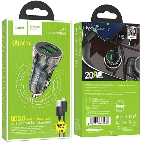 АЗП 2*USB Hoco Z47 Transparent Discovery 20W QC3.0 set(Micro) Black 6931474782236 фото