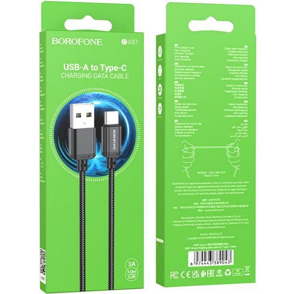 Кабель USB&rarr;Type C Borofone BX87 Sharp 1 метр 3A Black (BX87CB) 6974443389043 фото