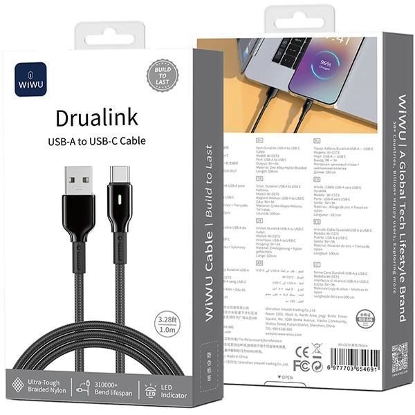 Кабель USB&rarr;Type C WIWU Wi-C073 Duralink Series Nylon 1 метр 3А, 27 W Black 6977703654691 фото