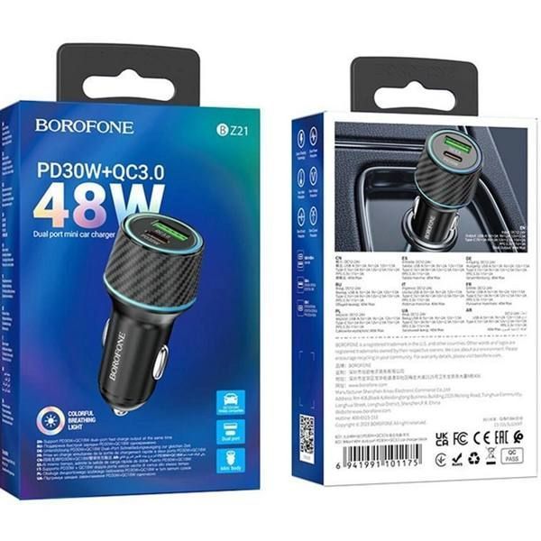 АЗП 1*Type-C+1*USB BOROFONE BZ21 Brilliant 48W dual port PD30W+QC3.0 Black 6941991101175 фото