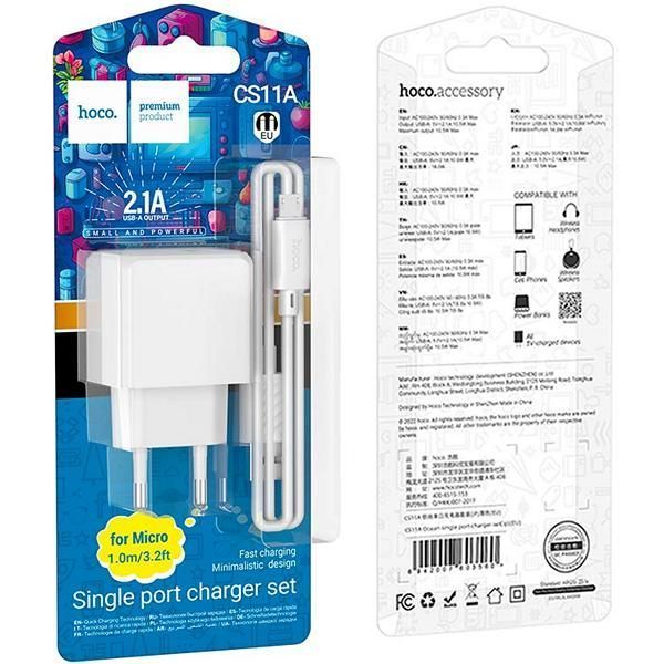 МЗП 1*USB 10.5 Watt Hoco CS11A Ocean + microUSB кабель, White (HCS11AMW) 6942007603591 фото