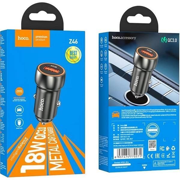 АЗП 1*USB HOCO Z46 |1USB, QC3.0, 3A, 18W| Metal Gray 6931474770271 фото