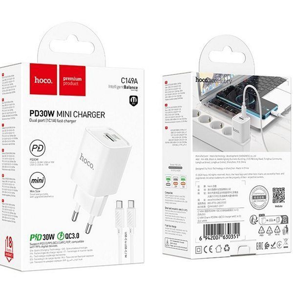 МЗП 1*Type-C + 1*USB 30 Watt HOCO C149A Charm PD30W+QC3.0 charger set (C to C)(EU) White 6942007630351 фото