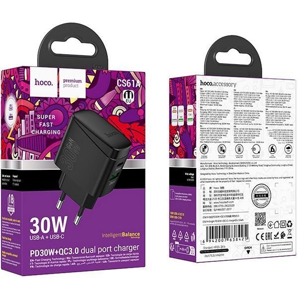 МЗП 1*Type-C + 1*USB 30 Watt Hoco CS61A Bright PD/QC Black 6942007638425 фото