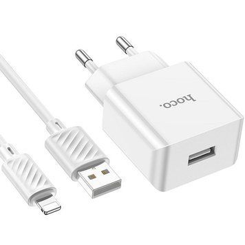 МЗП 1*USB 2100mA Hoco C106A Leisure + Lightning кабель, White (HC106ALW) 6931474783899 фото