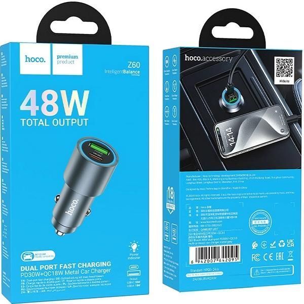 АЗП 1*Type-C+1*USB HOCO Z60 Bloom 48W PD30W+QC3.0 Metal Gray 6942007642095 фото